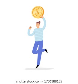 Happy jumping man with coins in hands. Rich businessman or millionaire, careless wealthy character with money, financial success, lottery win, fortune, good luck, business concept isolated 