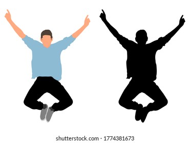 Happy jumping man, colorful and black silhouette. Vector illustration