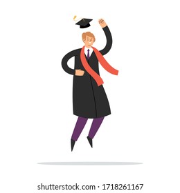 Happy jumping man, graduated boy celebrating. Cartoon student in traditional graduation gown and cap. Educated university or collage graduating male character. Flat isolated vector illustration.