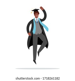 Happy jumping man, graduated boy celebrating. Cartoon student in traditional graduation gown and cap. Educated university or collage graduating male character. Flat isolated vector illustration.