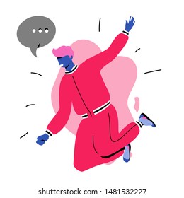 Happy jumping man with speech bubble. Modern faceless man caracter in spot suit jumping in the air in excitement. Vivid colored vector design. 