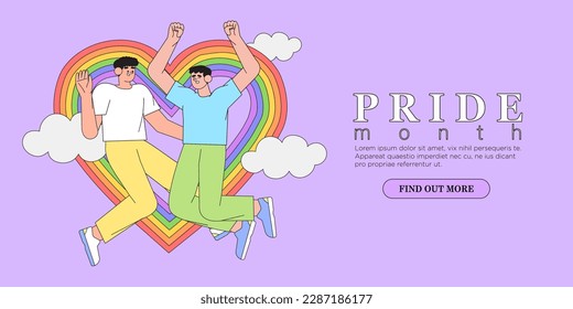 Feliz hombre saltando en un estilo plano y a la moda sobre fondo cardíaco arcoiris. Concepto de pareja o matrimonio gay o bisexual, mejores amigos, lgbt, amor y romance. Gente enamorada del arcoiris en el cielo.