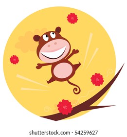 Happy jumping monkey and red flowers in the air. Cute brown monkey is jumping in the air. Vector cartoon illustration.