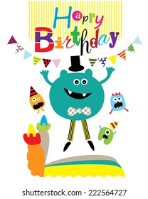 Happy Jumping Monster Birthday Card. Editable Vector illustration