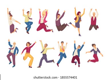 Happy jumping office business peoplе. Office workers corporate employees rejoice at luck, success in teamwork. Fun colleagues at work together jumping smiling. Workers in workplace cartoon vector