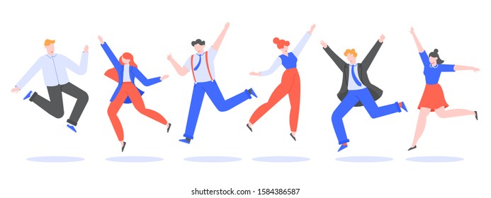 Happy jumping office team. Smiling people jumping at work winning party, business team celebration, corporate colleagues celebrate and joy together vector illustration. Coworkers cartoon character