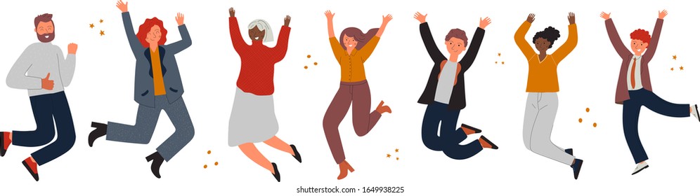 Happy jumping office workers. Cheerful corporate employees cartoon characters set. Young students in casual modern clothes. Diverse group of people. Flat vector illustration.