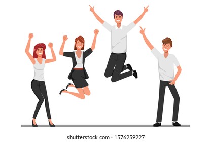 Happy jumping office workers flat vector illustration. Cheerful corporate employees cartoon characters set. 