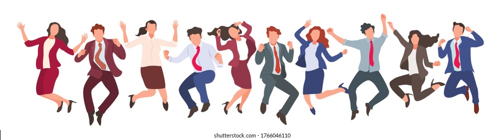 Happy Jumping Office Workers Flat Vector Illustration. 
Cheerful Employees Celebrating Victory. 
Young Business Woman And Business Man Happy For The Succesful. 
Diverse Group Of People.
