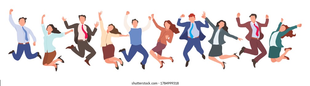 Happy jumping office workers flat vector illustration. 
Cheerful employees celebrating victory. 
Young business woman and business man happy for the succesful. 
Diverse group of people.