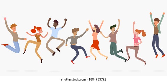 Happy jumping office workers flat vector illustration. Cheerful corporate employees cartoon characters set. Young male and female students in casual clothes isolated clipart. Diverse group of people.