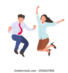 Happy jumping office workers flat vector illustration. 
Cheerful employees celebrating victory. 
Young business woman and business man happy for the succesful