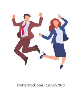 Feliz salto a la ilustración vectorial plana de los trabajadores de oficina. 
Empleados alegres celebrando la victoria. 
Mujer joven empresaria y hombre de negocios feliz por el éxito