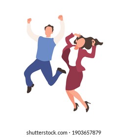 Happy jumping office workers flat vector illustration. 
Cheerful employees celebrating victory. 
Young business woman and business man happy for the succesful