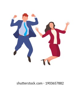 Happy jumping office workers flat vector illustration. 
Cheerful employees celebrating victory. 
Young business woman and business man happy for the succesful