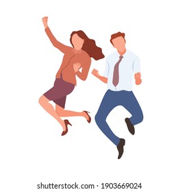 Happy jumping office workers flat vector illustration. 
Cheerful employees celebrating victory. 
Young business woman and business man happy for the succesful