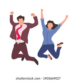 Happy jumping office workers flat vector illustration. 
Cheerful employees celebrating victory. 
Young business woman and business man happy for the succesful