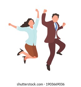 Happy jumping office workers flat vector illustration. 
Cheerful employees celebrating victory. 
Young business woman and business man happy for the succesful