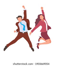 Happy jumping office workers flat vector illustration. 
Cheerful employees celebrating victory. 
Young business woman and business man happy for the succesful