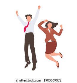 Happy jumping office workers flat vector illustration. 
Cheerful employees celebrating victory. 
Young business woman and business man happy for the succesful