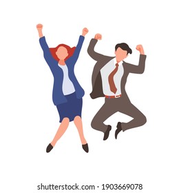Happy jumping office workers flat vector illustration. 
Cheerful employees celebrating victory. 
Young business woman and business man happy for the succesful