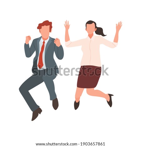 Happy jumping office workers flat vector illustration. 
Cheerful employees celebrating victory. 
Young business woman and business man happy for the succesful