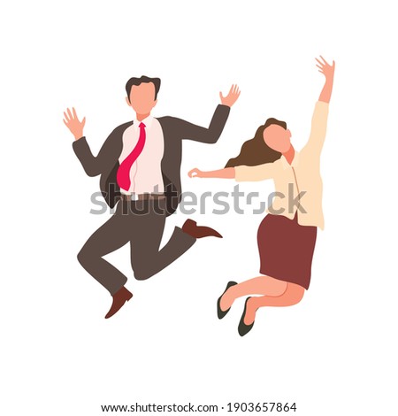 Happy jumping office workers flat vector illustration. 
Cheerful employees celebrating victory. 
Young business woman and business man happy for the succesful
