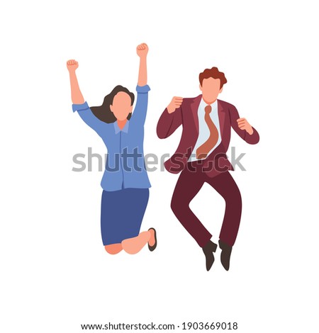 Happy jumping office workers flat vector illustration. 
Cheerful employees celebrating victory. 
Young business woman and business man happy for the succesful