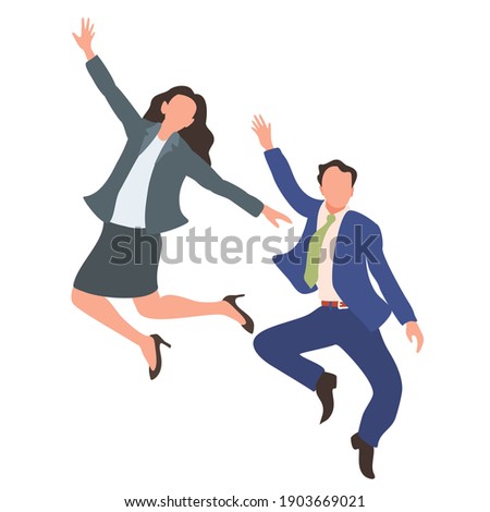 Happy jumping office workers flat vector illustration. 
Cheerful employees celebrating victory. 
Young business woman and business man happy for the succesful