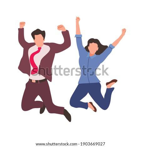 Happy jumping office workers flat vector illustration. 
Cheerful employees celebrating victory. 
Young business woman and business man happy for the succesful