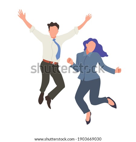 Happy jumping office workers flat vector illustration. 
Cheerful employees celebrating victory. 
Young business woman and business man happy for the succesful