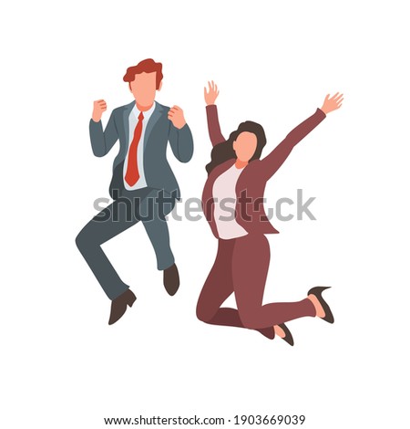 Happy jumping office workers flat vector illustration. 
Cheerful employees celebrating victory. 
Young business woman and business man happy for the succesful
