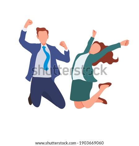 Happy jumping office workers flat vector illustration. 
Cheerful employees celebrating victory. 
Young business woman and business man happy for the succesful