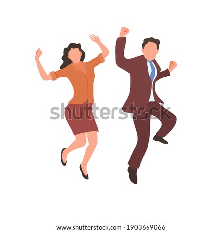 Happy jumping office workers flat vector illustration. 
Cheerful employees celebrating victory. 
Young business woman and business man happy for the succesful