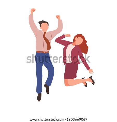 Happy jumping office workers flat vector illustration. 
Cheerful employees celebrating victory. 
Young business woman and business man happy for the succesful