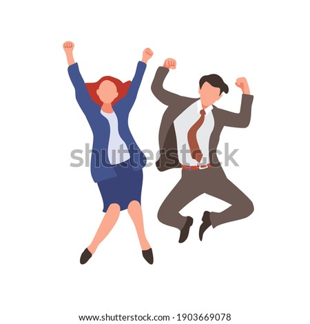 Happy jumping office workers flat vector illustration. 
Cheerful employees celebrating victory. 
Young business woman and business man happy for the succesful
