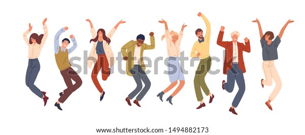 Happy jumping office workers flat vector\
illustration. Cheerful corporate employees cartoon characters set.\
Young male and female students in casual clothes isolated clipart.\
Diverse group of people.