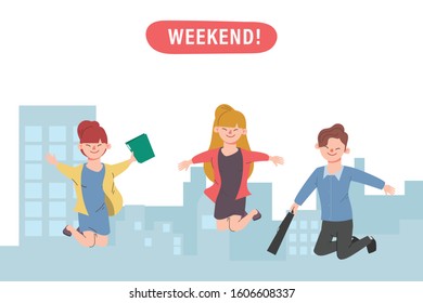 Happy jumping office workers successful flat vector illustration. Cheerful corporate employees cartoon characters set. 