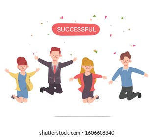 Happy jumping office workers successful flat vector illustration. Cheerful corporate employees cartoon characters set. 