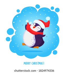 Happy jumping penguin in a santa hat and red scarf. Hand drawn vector illustration. New year pre-made postcard with text Merry Christmas.