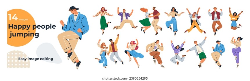 Happy jumping people. Celebrating people. Men and women happy jumping celebrating event or ceremony. Jump person character. Young students dance. Fun friends. Enjoying life. Friendship success victory