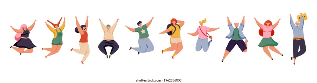 Happy jumping people. Cheerful young male and female in colorful clothes isolated on white background. Active group of people. Flat vector illustration.
