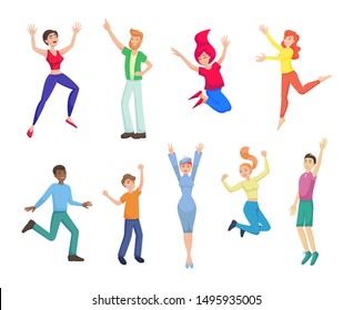 Happy jumping people dance. Group young cartoon people jumping laughing, smiling. Happy friends disco company party. Male, female together flying, dancing. Concept teamwork success vector illustration
