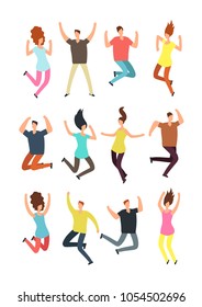 Happy jumping people. Excited man and woman in jump. Flying persons vector characters isolated. Illustration of man woman jumping, happy and cheerful