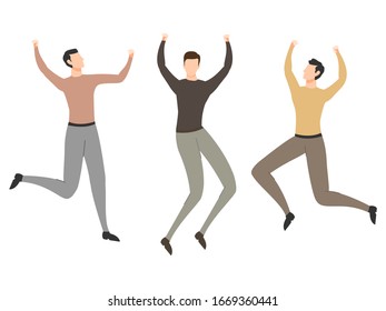 Happy jumping people flat vector illustration. Cheerful men cartoon characters set. Young male students in casual clothes isolated on white