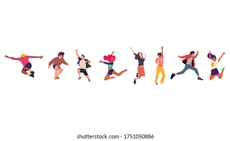 Happy jumping people flat vector illustration. Cheerful corporate employees cartoon characters set. Young male and female people in casual clothes isolated clipart. Diverse group of people.