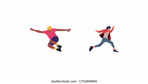 Happy jumping people flat vector illustration. Cheerful corporate employees cartoon characters set. Young male and female people in casual clothes isolated clipart. Diverse group of people.