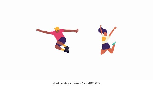 Happy jumping people flat vector illustration. Cheerful corporate employees cartoon characters set. Young male and female people in casual clothes isolated clipart. Diverse group of people.
