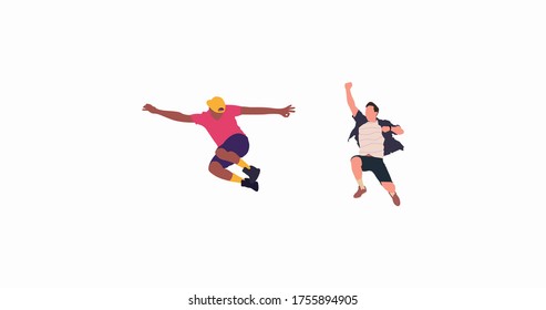 Happy jumping people flat vector illustration. Cheerful corporate employees cartoon characters set. Young male and female people in casual clothes isolated clipart. Diverse group of people.