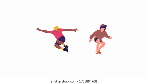 Happy jumping people flat vector illustration. Cheerful corporate employees cartoon characters set. Young male and female people in casual clothes isolated clipart. Diverse group of people.